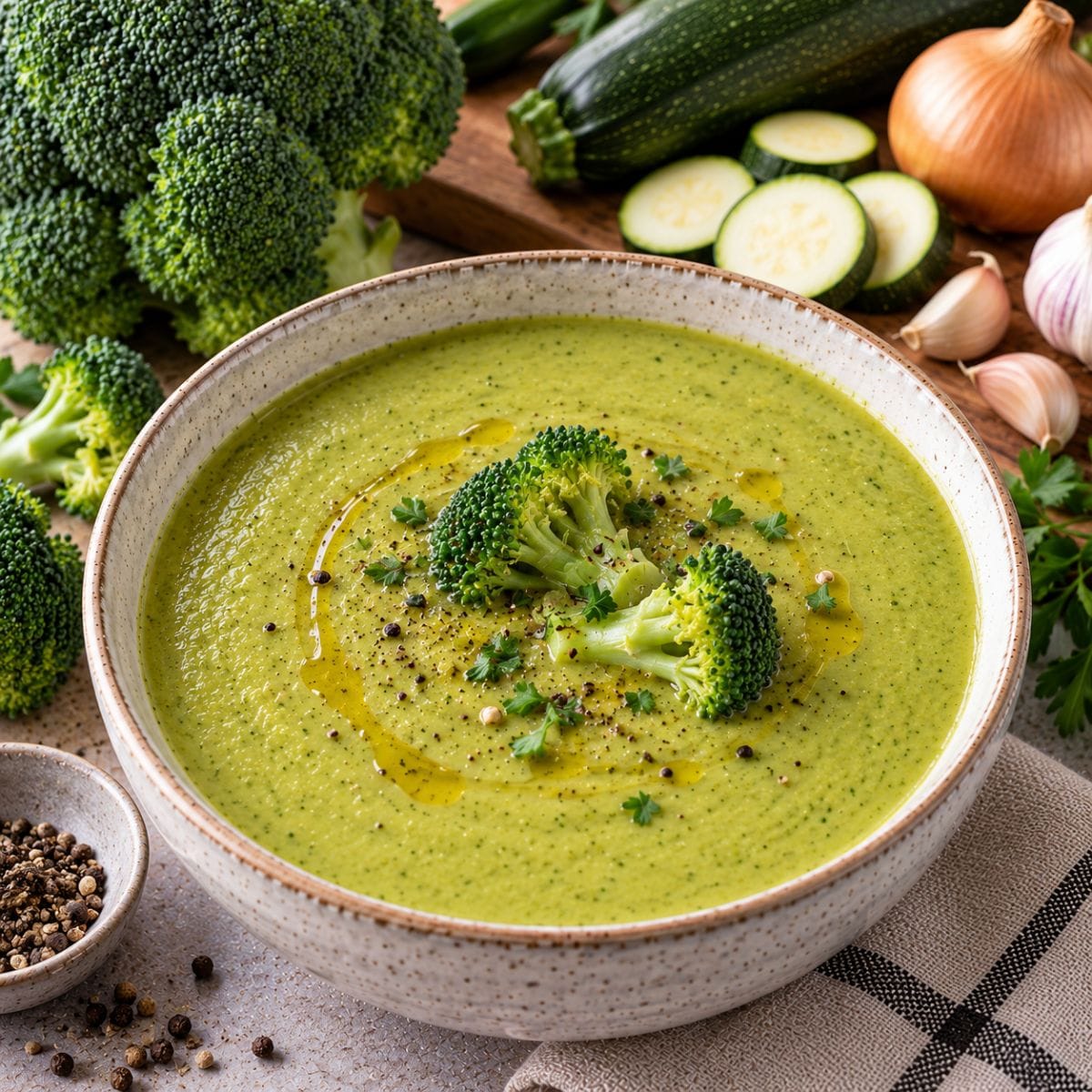 Crema de brócoli y zapallo italiano con floretes de brócoli y aceite de oliva