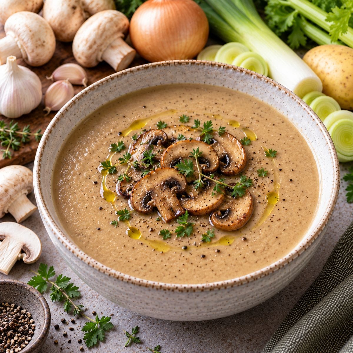 Crema de champiñones con champiñones salteados y aceite de oliva