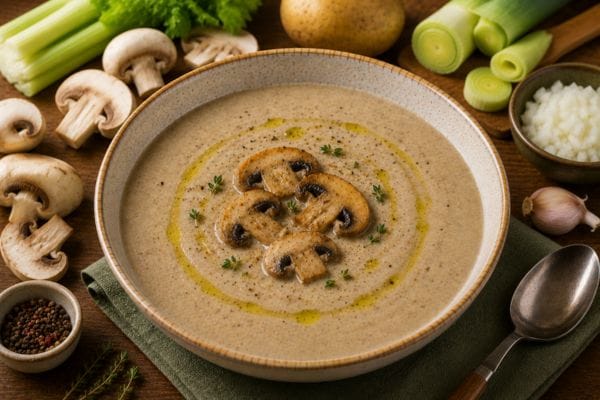 Crema de champiñones con puerro y apio