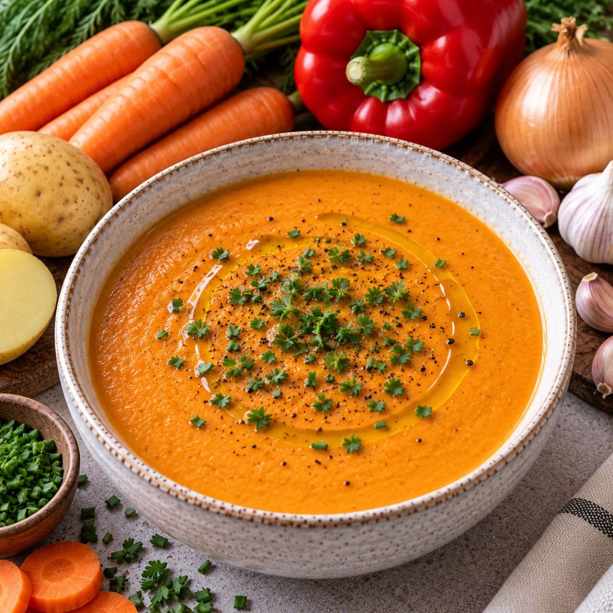 Crema de zanahoria con pimentón rojo y ciboulette fresco