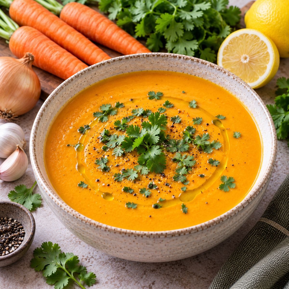 Crema de zanahoria y cilantro con limón y aceite de oliva