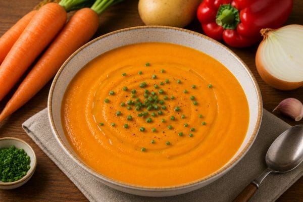 Crema de zanahoria con pimentón rojo y ciboulette