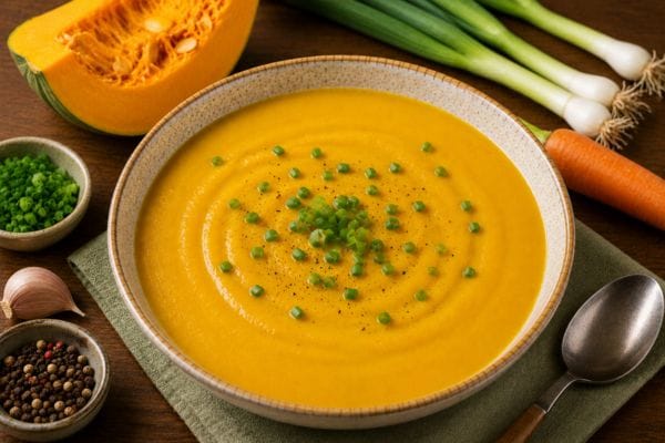 Crema de zapallo con zanahoria y cebollín