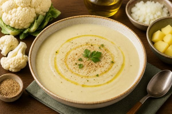 Crema de coliflor con papa y semillas de sésamo