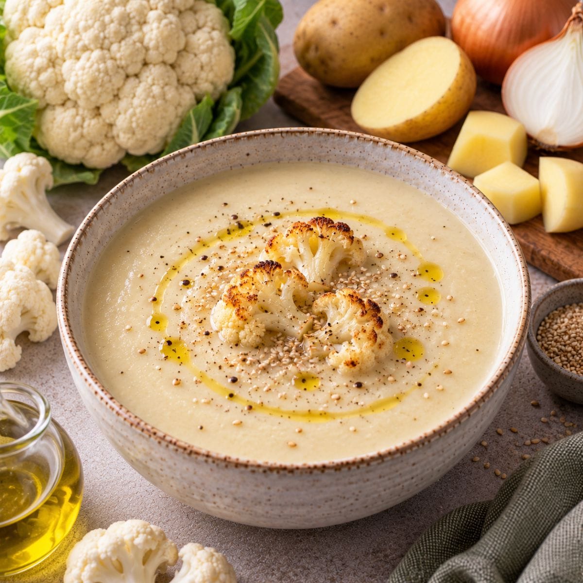 Crema de coliflor con coliflor asada, sésamo y aceite de oliva