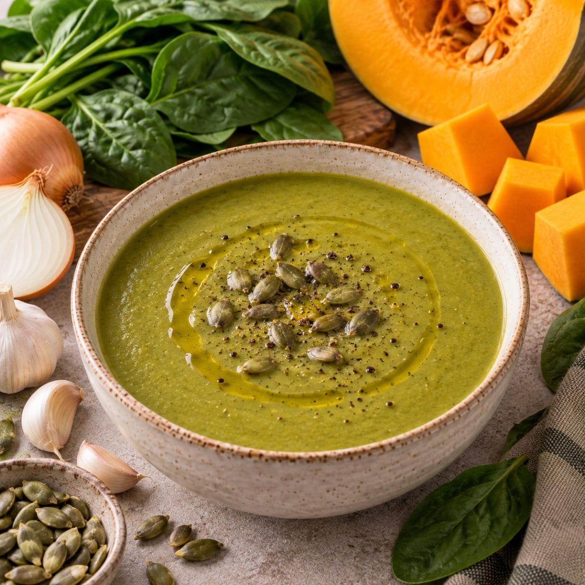 Crema de espinaca y calabaza con semillas de zapallo y aceite de oliva