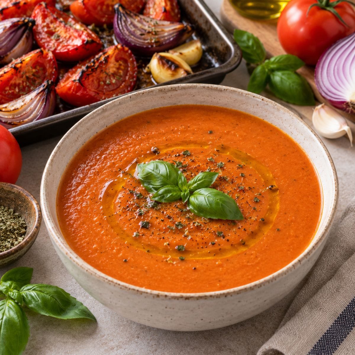 Crema de tomates asados con albahaca y aceite de oliva