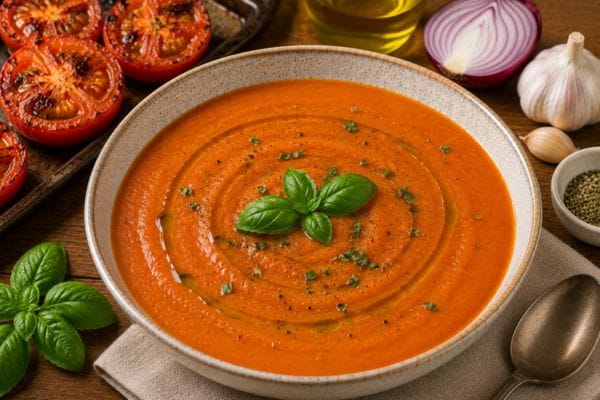 Crema de tomates asados con albahaca
