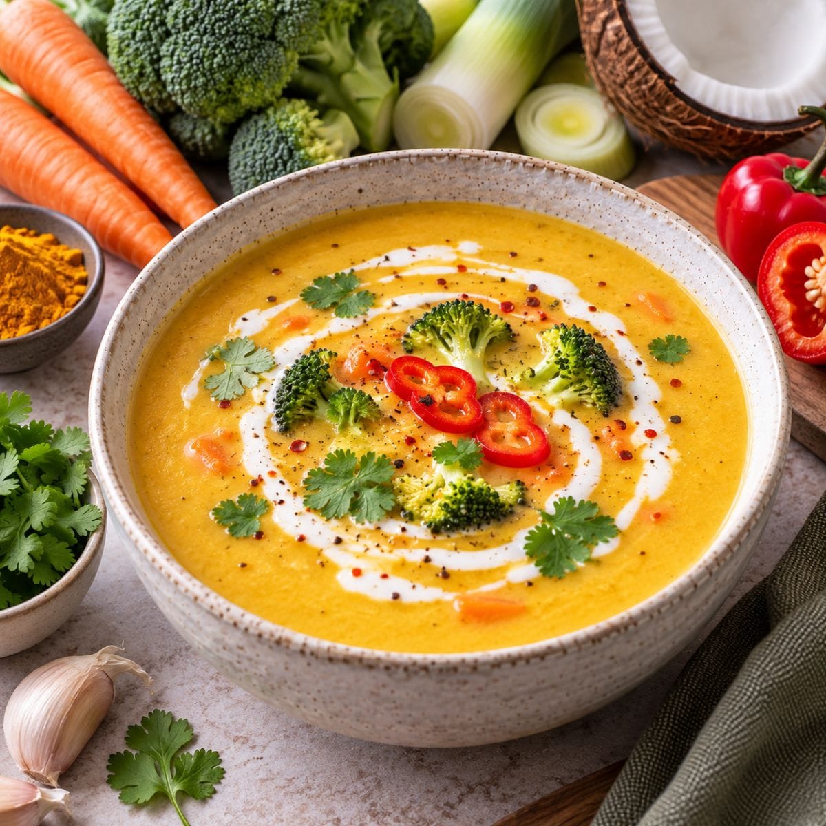 Sopa Thai con leche de coco, brócoli, zanahoria y rocoto