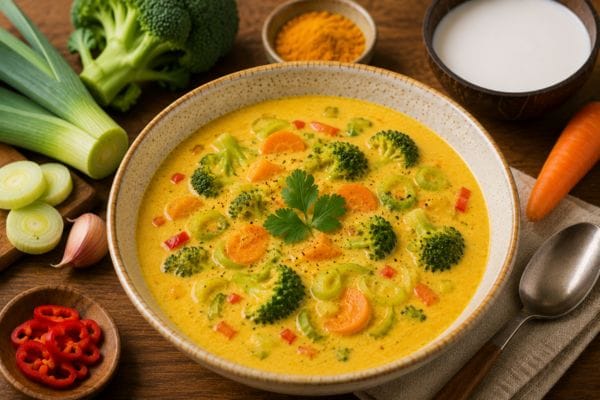 Sopa thai con verduras, cúrcuma y leche de coco