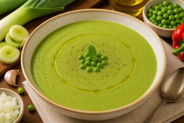 Crema de arvejas con puerro y pimentón rojo