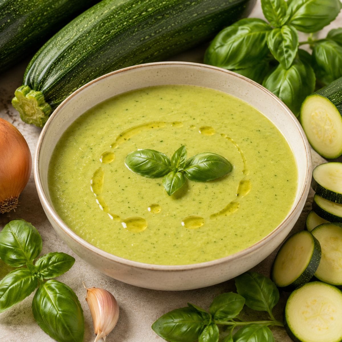 Crema de zucchini y albahaca casera con aceite de oliva