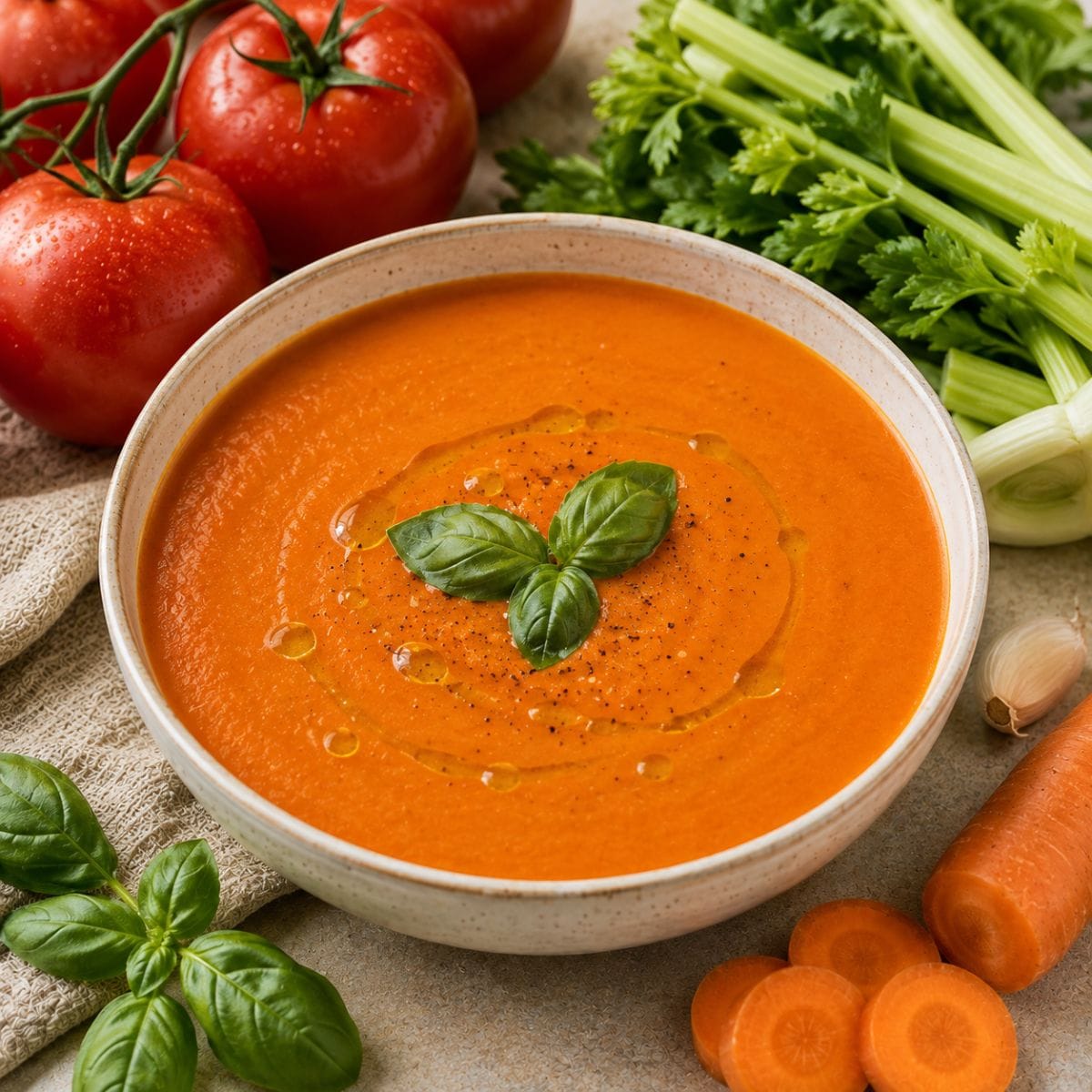Sopa de tomate y zanahoria casera con albahaca fresca