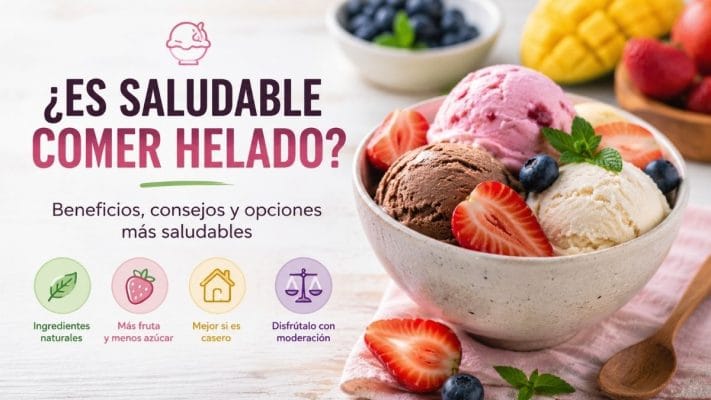 Bowl con helado acompañado de frutillas, arándanos y mango fresco, representando opciones de helado más saludables elaboradas con ingredientes naturales.