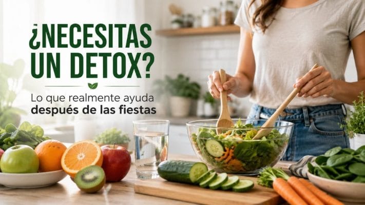 Persona preparando una ensalada con frutas y verduras frescas en una cocina luminosa, representando el regreso a una alimentación saludable después de las fiestas.