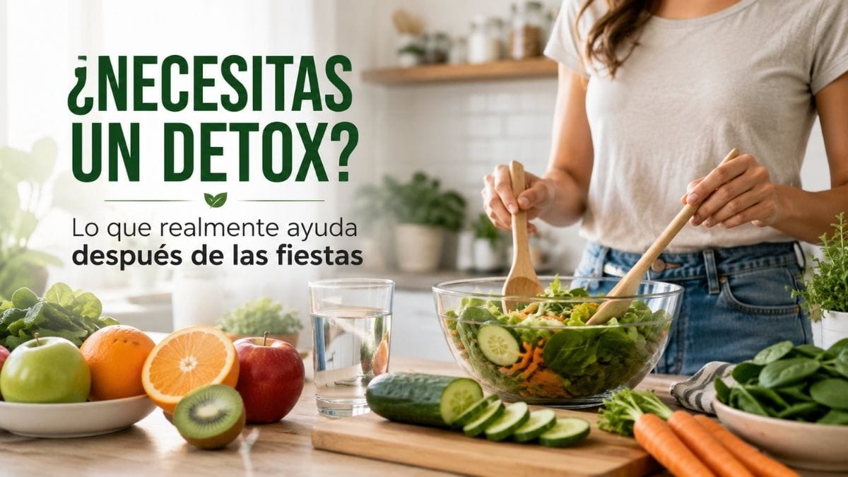 Persona preparando una ensalada con frutas y verduras frescas en una cocina luminosa, representando el regreso a una alimentación saludable después de las fiestas.