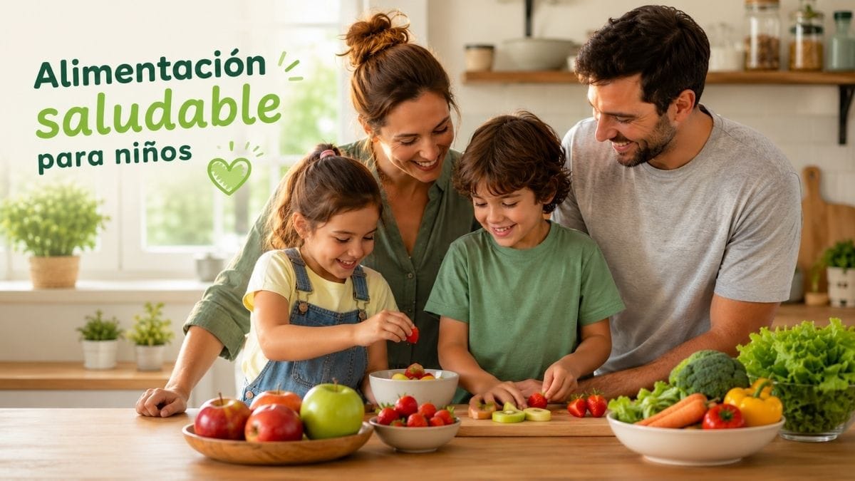 Familia preparando frutas y verduras frescas en la cocina como parte de una alimentación saludable para niños.