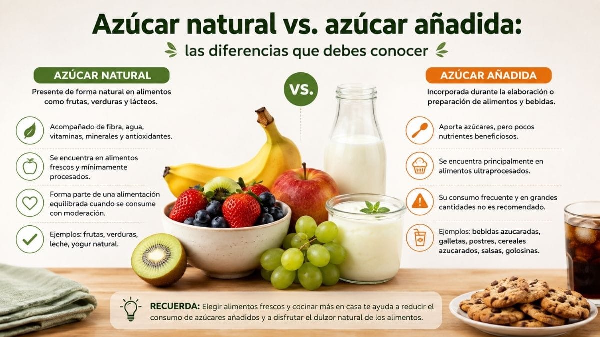 Comparación entre azúcar natural y azúcar añadida con frutas, yogur y leche frente a alimentos con azúcar añadida como galletas y bebidas azucaradas.
