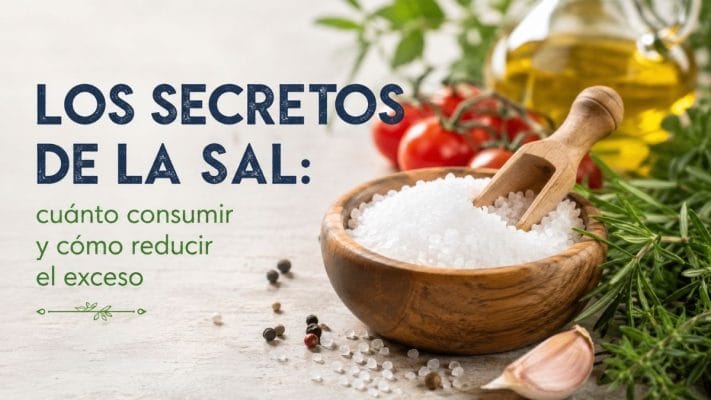 Sal de cocina en un recipiente de madera junto a hierbas aromáticas, ajo, aceite de oliva y tomates frescos, representando una cocina saludable con menor consumo de sal.