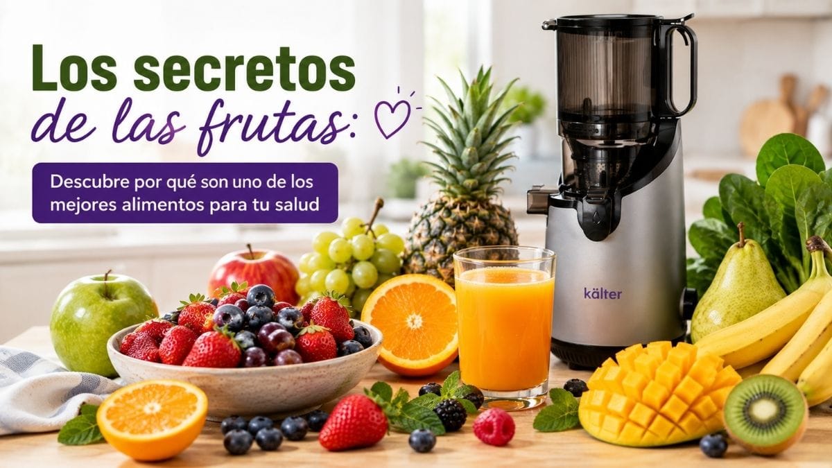 Extractor de Jugo Prensado en Frío KALTER rodeado de frutas frescas como naranjas, frutillas, kiwi, piña, mango, uvas y plátanos, junto a un vaso de jugo natural.