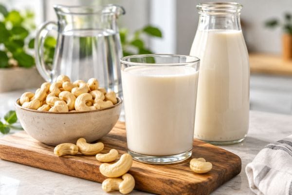 Vaso de leche de castañas de cajú casera acompañado de castañas naturales, una botella de leche vegetal y una jarra de agua.