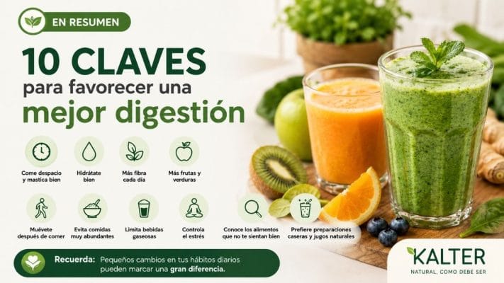 Dos jugos naturales elaborados con frutas y verduras frescas junto a ingredientes saludables representan hábitos que favorecen una buena digestión y el bienestar digestivo.