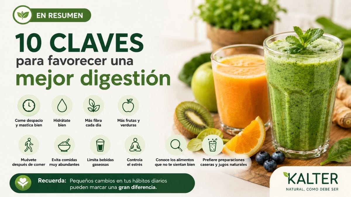 Dos jugos naturales elaborados con frutas y verduras frescas junto a ingredientes saludables representan hábitos que favorecen una buena digestión y el bienestar digestivo.