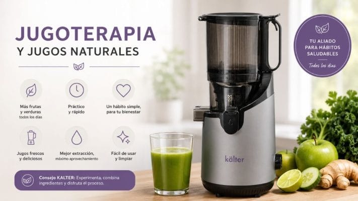 Extractor de Jugo Prensado en Frío KALTER junto a un jugo verde y frutas y verduras frescas, representando la jugoterapia y la preparación de jugos naturales en casa.