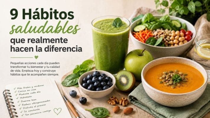 Smoothie verde, ensalada fresca, sopa de verduras y alimentos naturales representan hábitos saludables para construir un estilo de vida más equilibrado y sostenible.