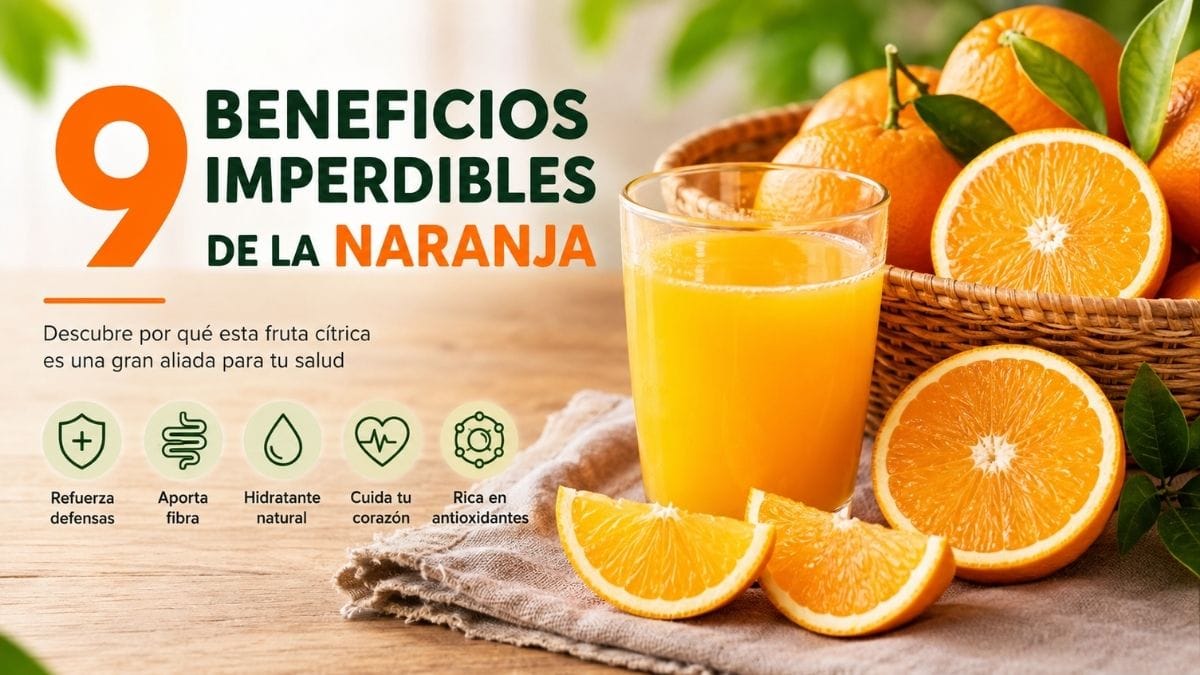 Naranjas frescas y un vaso de jugo de naranja natural ilustran los principales beneficios nutricionales de esta fruta rica en vitamina C y antioxidantes.