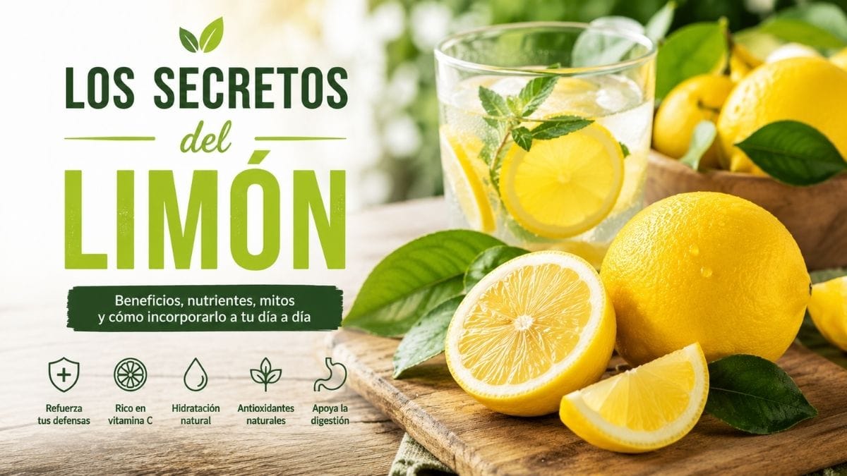 Limones frescos enteros y cortados junto a un vaso de agua con limón ilustran los beneficios y propiedades nutricionales del limón.