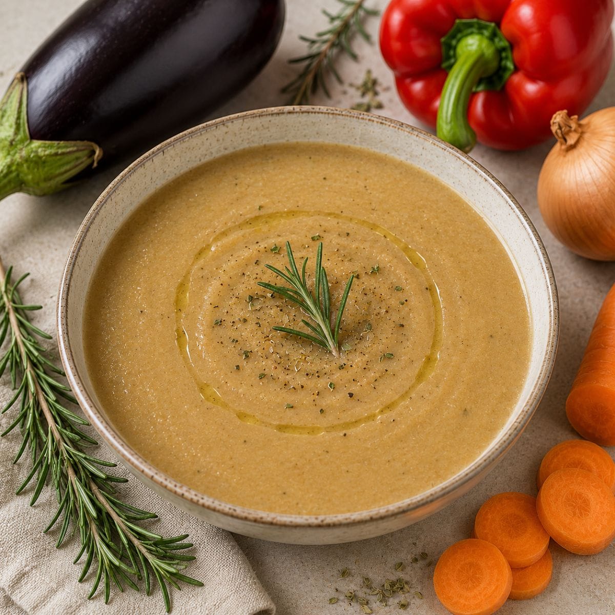 Crema de berenjena casera con pimentón, zanahoria y romero
