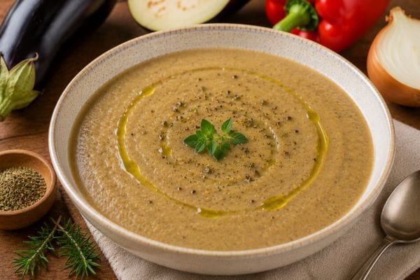 Crema de berenjena casera con verduras y especias