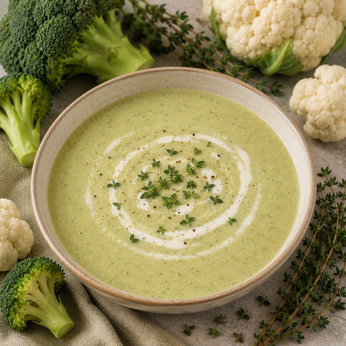 Crema de brócoli, coliflor y tomillo con un toque de crema