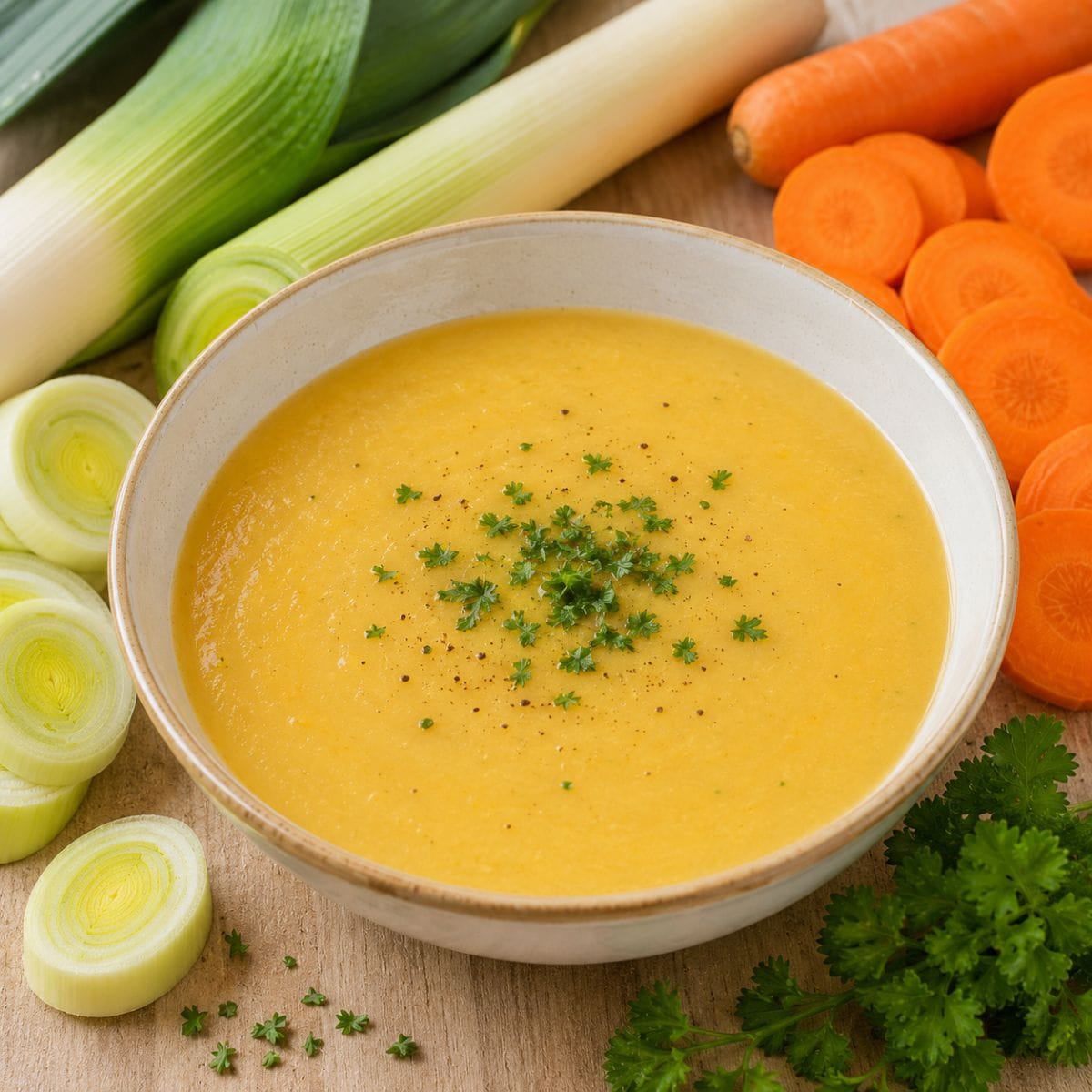 Crema de puerros y zanahoria casera con perejil fresco