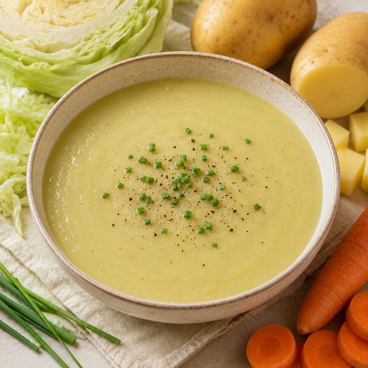 Crema de repollo casera con papa y zanahoria