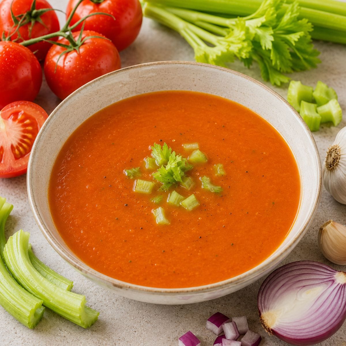 Sopa de tomate y apio casera con verduras frescas