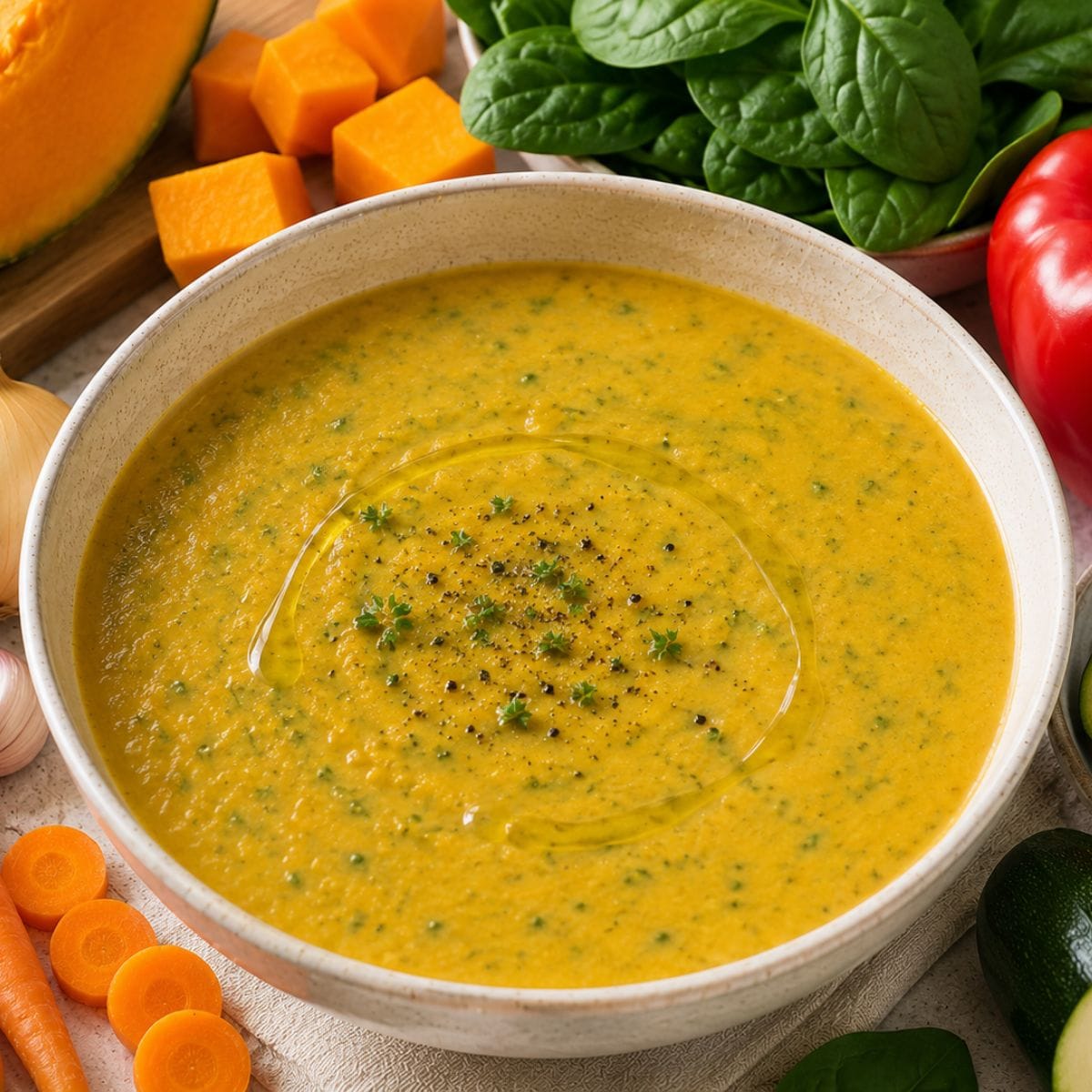 Crema de verduras casera con zapallo, zanahoria, espinaca y zapallito italiano