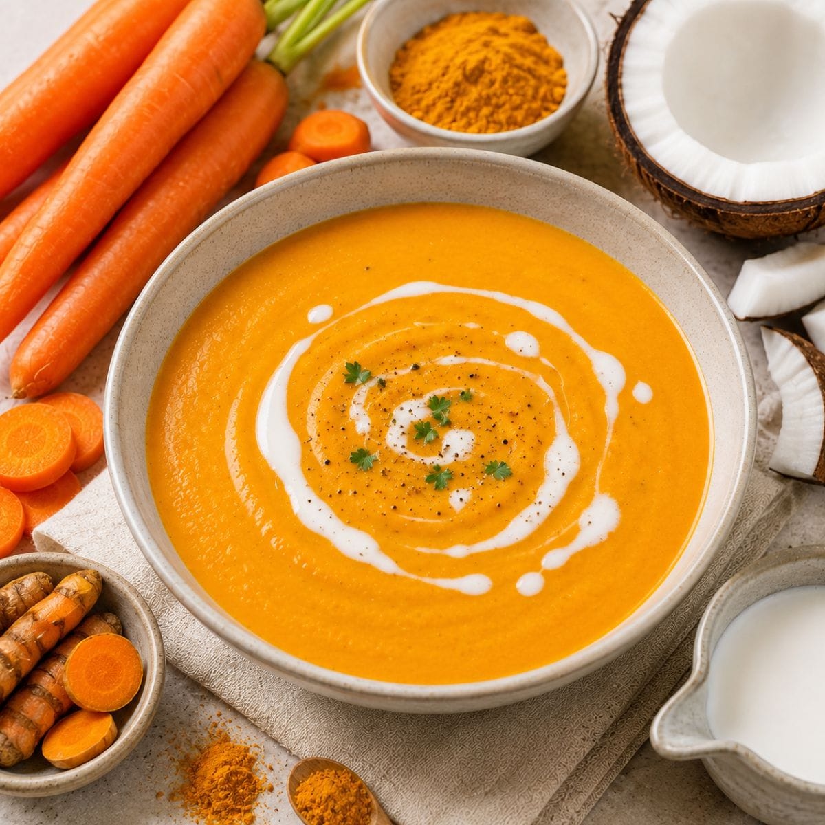 Crema de zanahoria, cúrcuma y leche de coco