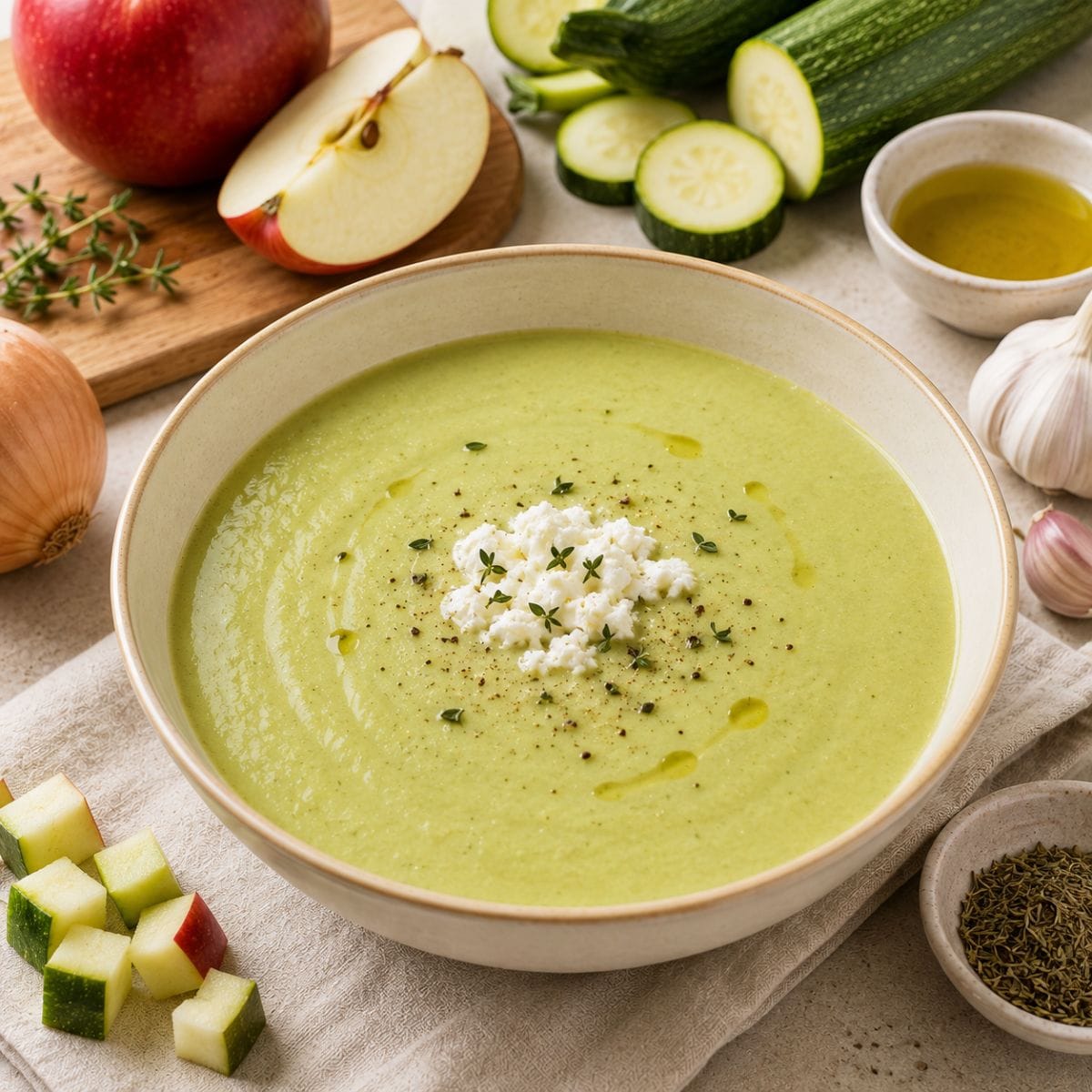 Crema de zapallito italiano y manzana con ricota