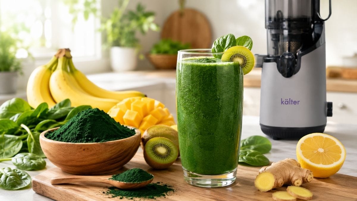 Smoothie verde con espirulina en polvo, frutas frescas e ingredientes saludables sobre una cocina luminosa.