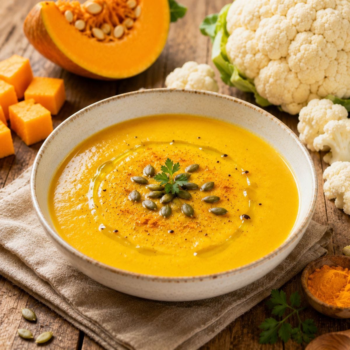 Crema de calabaza y coliflor decorada con semillas de zapallo tostadas, cúrcuma, aceite de oliva y perejil fresco, servida en un bowl de cerámica.