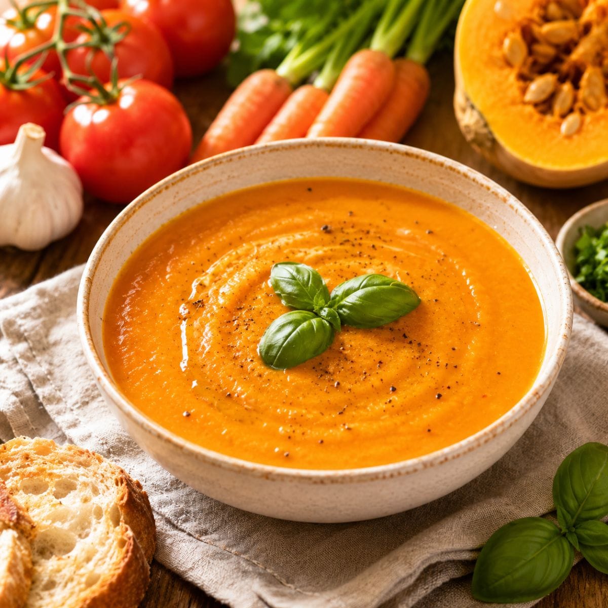 Crema de tomate, zanahoria y zapallo decorada con hojas de albahaca fresca, pimienta negra y un toque de aceite de oliva, servida con pan artesanal.