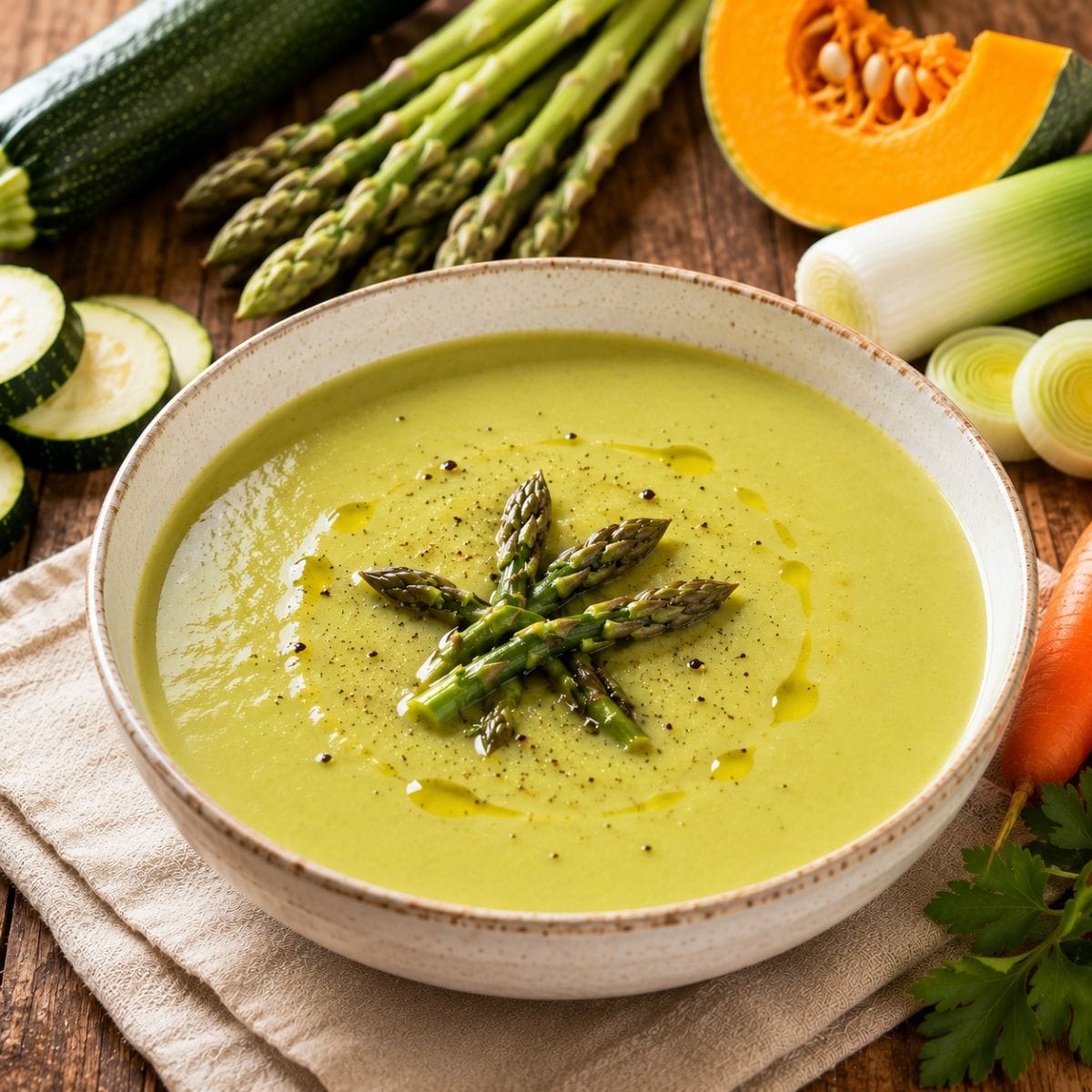 Crema de primavera preparada con zapallo italiano, espárragos, puerro, zanahoria y zapallo, decorada con puntas de espárragos, aceite de oliva y pimienta negra.