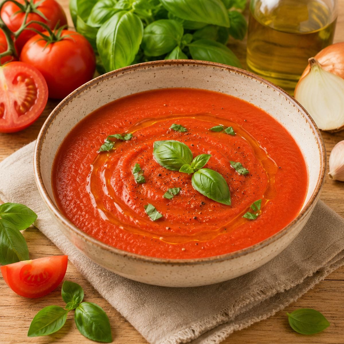 Sopa de tomates y albahaca cremosa decorada con hojas frescas de albahaca, aceite de oliva y pimienta sobre una mesa de madera.