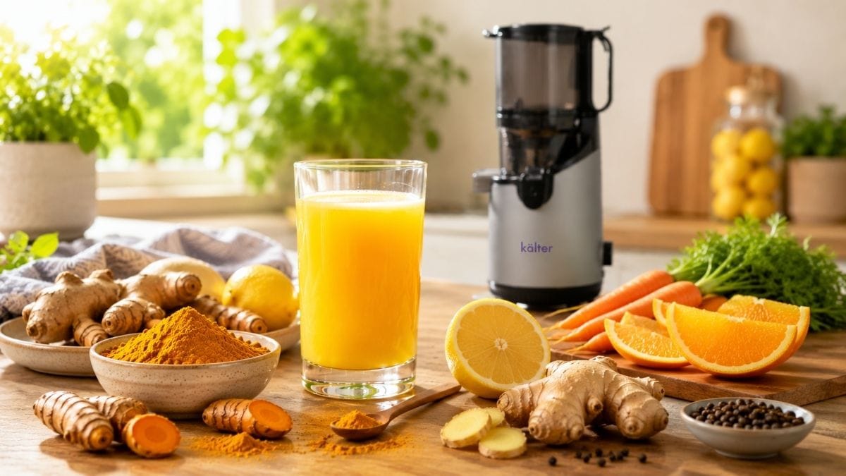Cúrcuma fresca junto a jugo natural preparado con frutas y verduras saludables