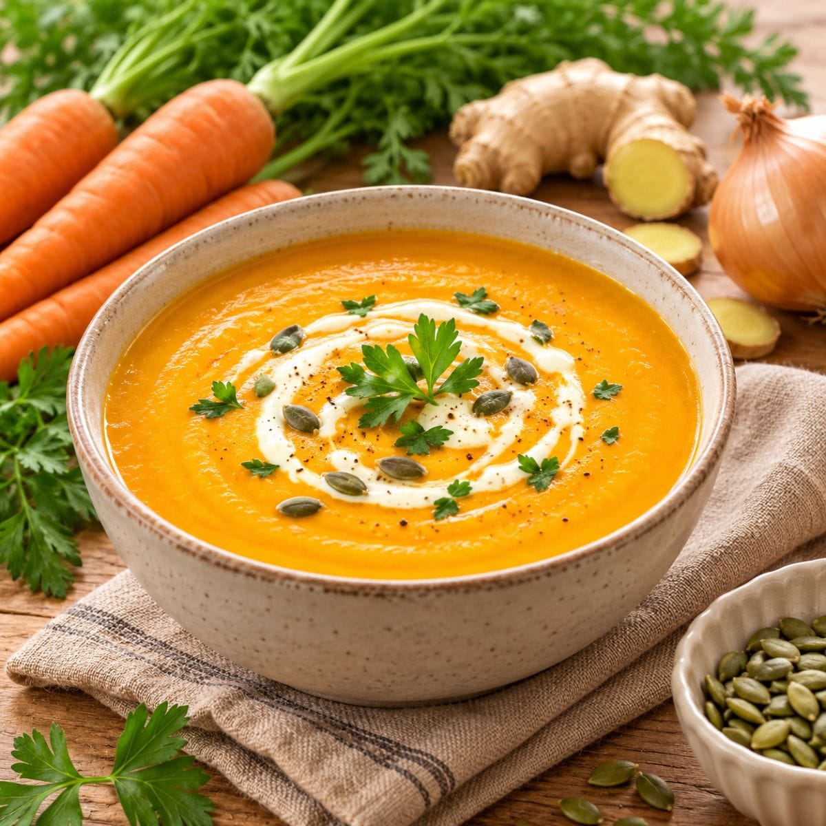 Sopa de zanahoria y jengibre cremosa decorada con semillas de zapallo, perejil fresco y jengibre sobre una mesa de madera.