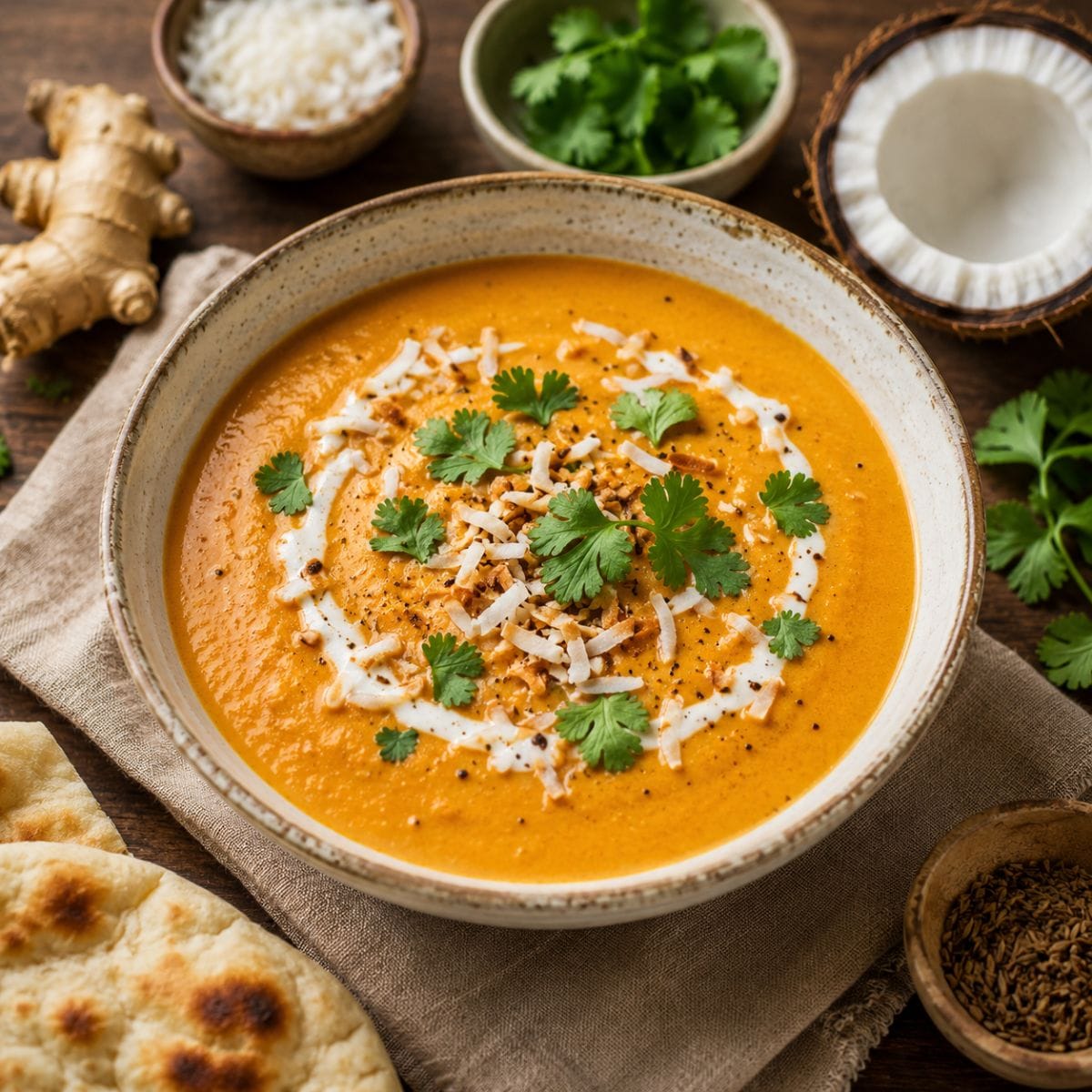 Sopa india de coco preparada con tomate, leche de coco, jengibre y comino, decorada con cilantro fresco, coco rallado tostado y un toque de leche de coco.