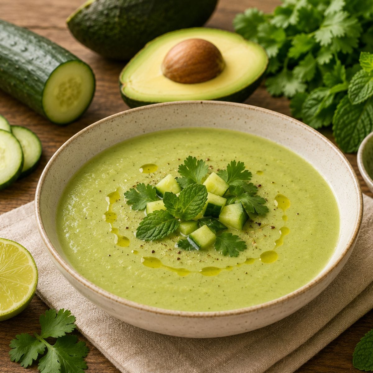 Sopa fría de pepino y palta decorada con pepino, cilantro, menta, aceite de oliva y pimienta.