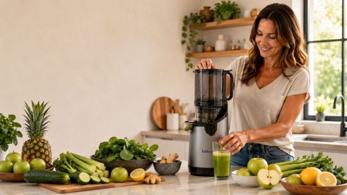 Jugo verde preparado con frutas y verduras frescas como parte de una alimentación saludable.
